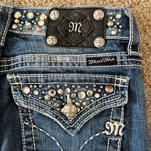 Miss Me Rhinestone Studded Bling Flap Pocket Bootcut Medium Stonewash Jeans